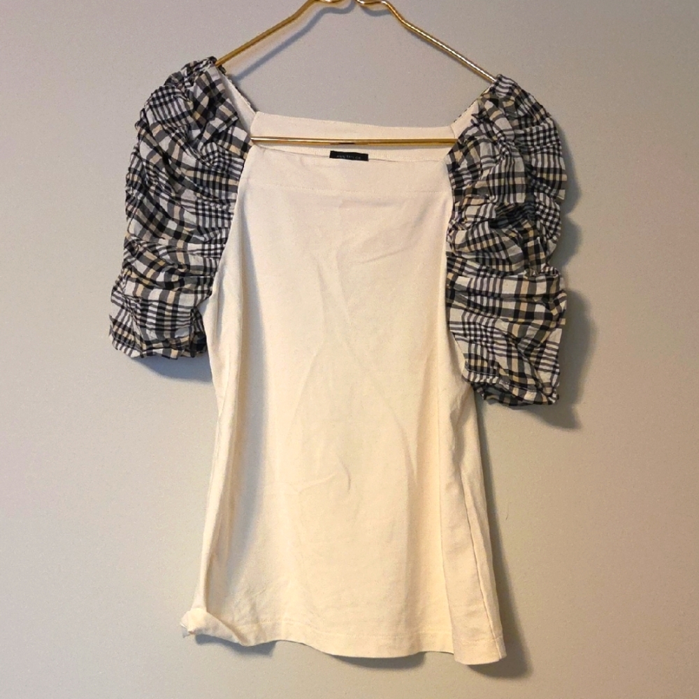 Ann Taylor White Top with Black Plaid Sleeves